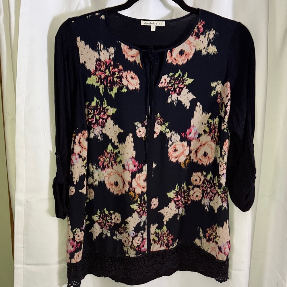 Daniel Rainn Tunic Blouse Womens 1X Blue Long Sleeve Floral Neck Tie